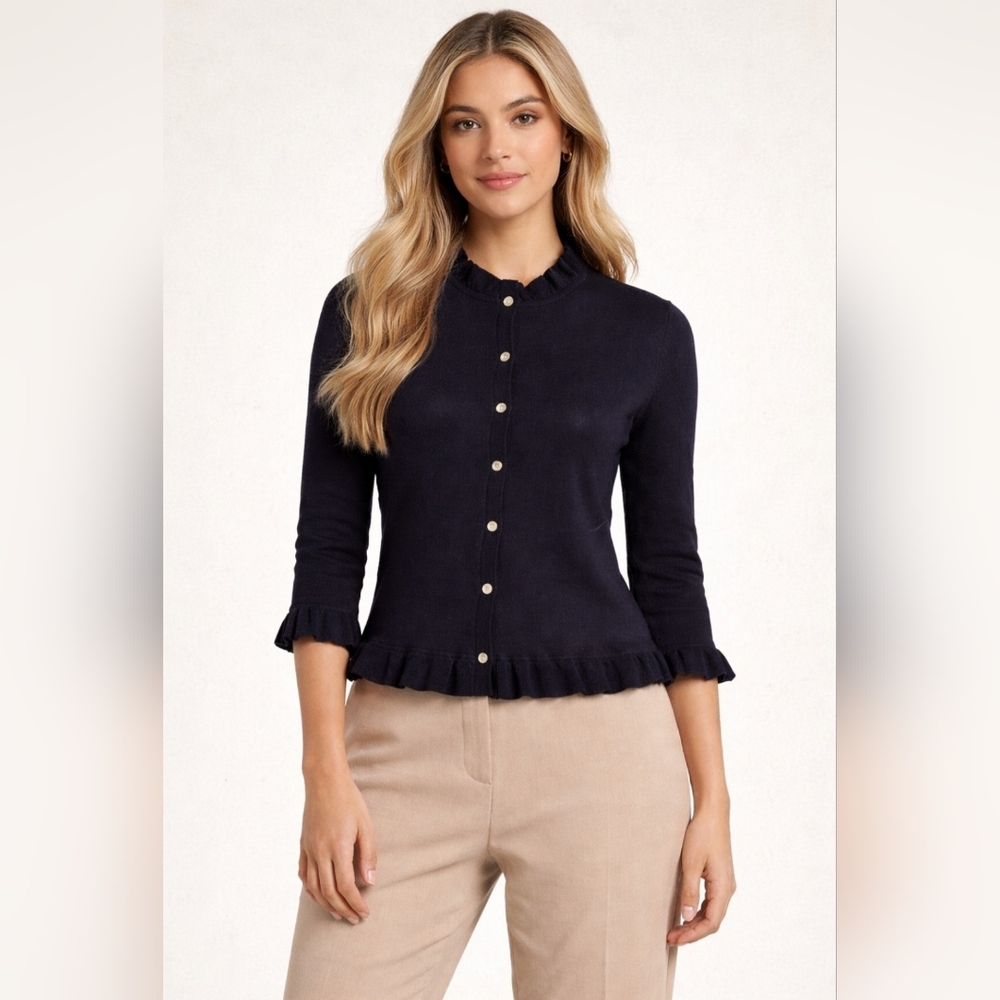 TED BAKER LONDON Treesa Frill Ruffle Detail Cardigan Preppy Quiet Luxury Classic